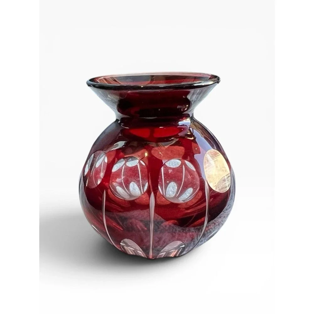 VTG Ruby Red Cut to Clear Mini Cranberry Art Glass Bud Vase Bohemian Toothpick